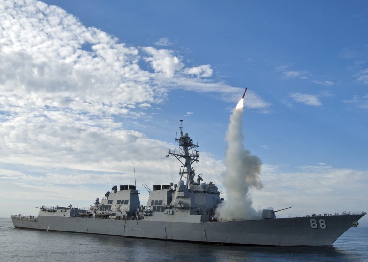 A U.S. Navy handout picture dated September 29, 2010 showing U.S. guided-missile destroyer USS Preble (DDG 88) conducting an operational tomahawk missile launch.