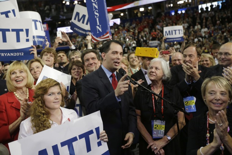 Wisconsin Gov. Scott Walker speaks at the Republican National Convention in Tampa, Fla., on Tuesday, Aug. 28, 2012.