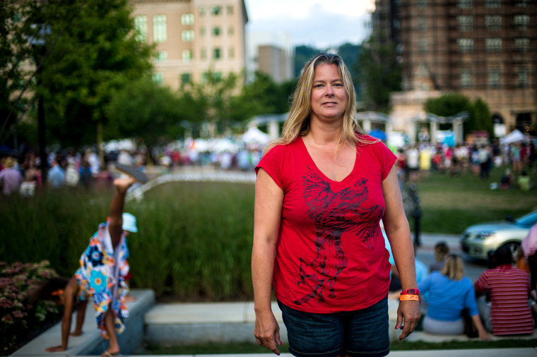 Paula Dinga at the Mountain Moral Mondays in downtown Asheville on Aug. 5, 2013. Dinga, a teacher, came to protest NC budget cuts for education.