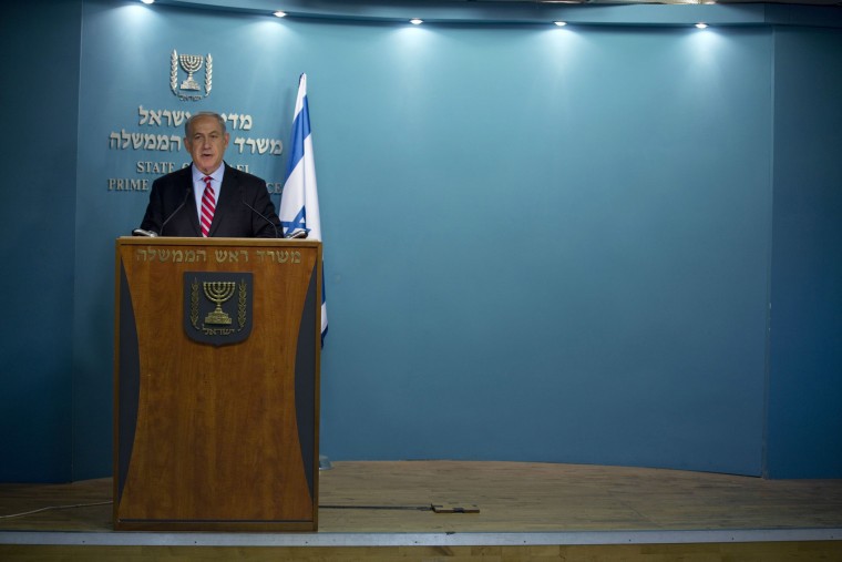 Israel's Prime Minister Benjamin Netanyahu delivers a statement at his office in Jerusalem November 24, 2013.