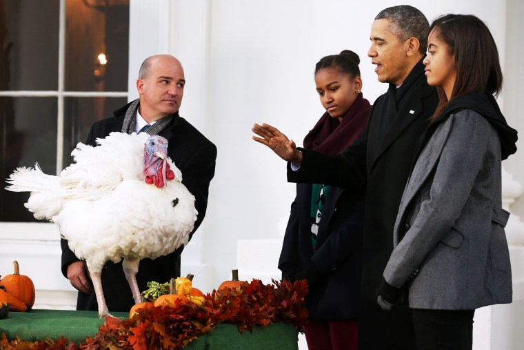 U.S. President Barack Obama pardons \"Popcorn\" with his daughters Sasha and Malia at the White House, Nov. 27, 2013.