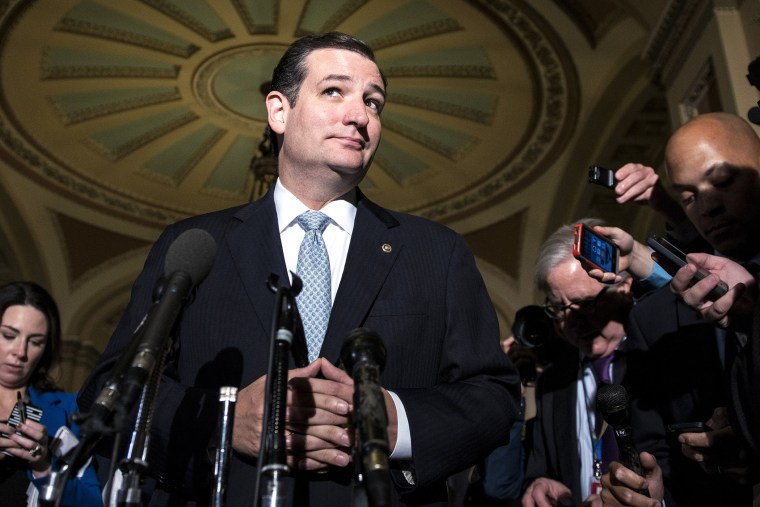 Sen. Ted Cruz (R-TX) waits to speak with reporters on Capitol Hill on Oct. 16, 2013 in Washington, DC.