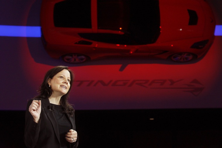 Mary Barra speaks near a 2014 Corvette Stingray at the North American International Auto Show in Detroit, Jan. 14, 2013.
