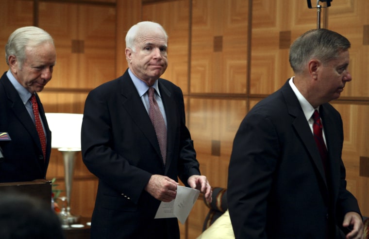 U.S Congressional Delegation from Washington D.C. Senators John McCain, Joseph Lieberman,Lindsay Graham leave a press conference at the U.S. Embassy in Tripoli, Libya  Friday, Aug. 14, 2009.