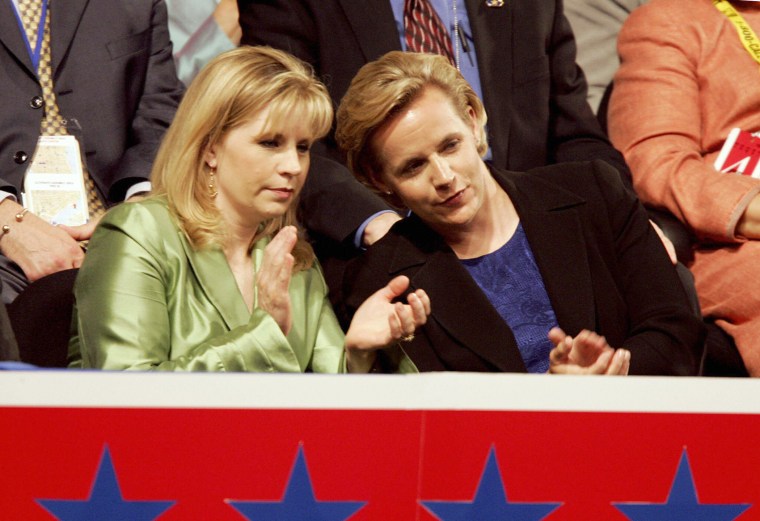Elizabeth (L) and Mary Cheney, daughters of Vice President Dick Cheney, attend the Republican National Convention at Madison Square Garden in New York, NY. on Sept. 1, 2004.