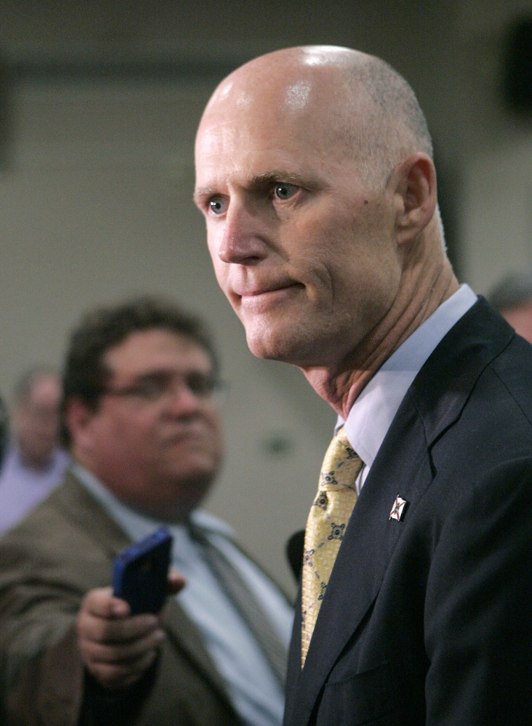 Gov. Rick Scott expresses his disappointment about the supreme court's decision concerning the health care bill at a news conference on Thursday, June 28, 2012, in Tallahassee, Fla.