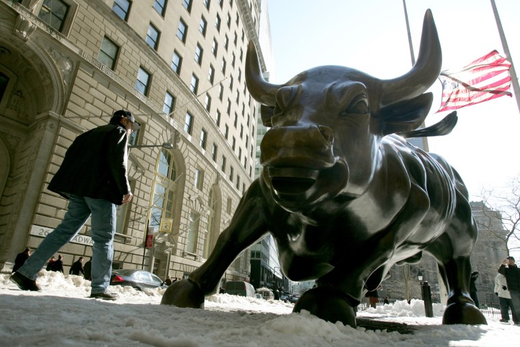 The bronze 'Charging Bull' sculpture that symbolizes Wall Street is photographed Tuesday, Feb. 14, 2006, in the financial district of New York.