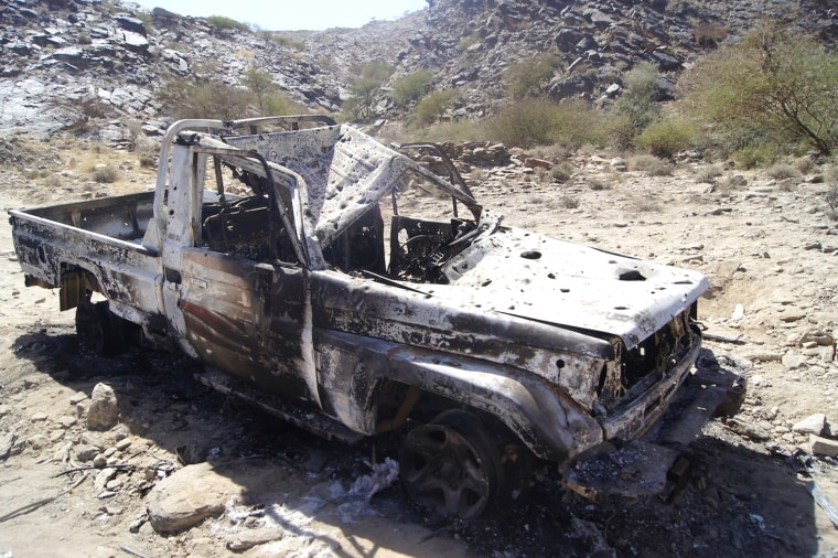A pickup hit by a missile fired by a U.S. drone on Dec. 12.
