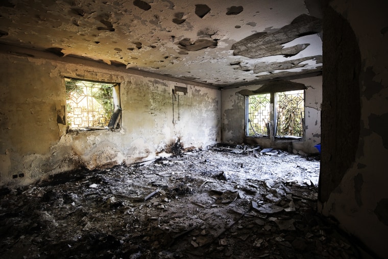 Damage inside the burnt US consulate building in Benghazi is seen on Sept. 13, 2012.