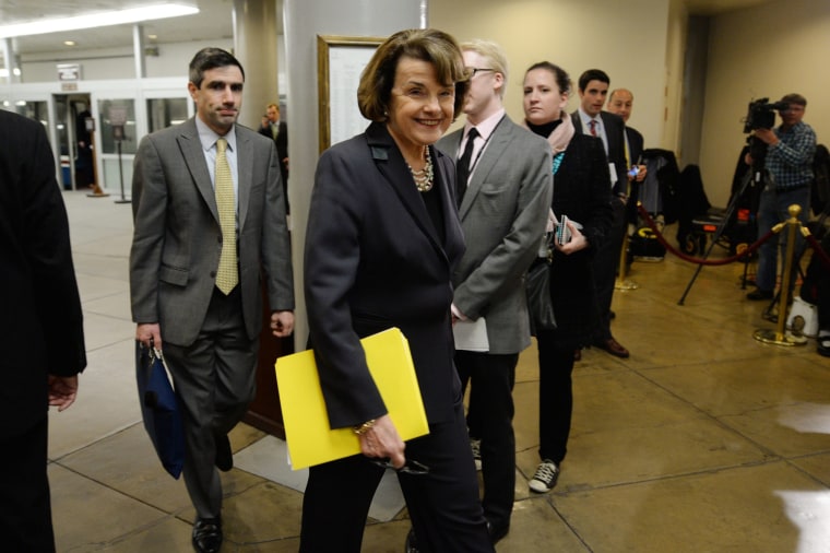 Democratic Senator from California and Chair of the Senate Intelligence Committee Dianne Feinstein walks to a meeting on issues pertaining to Iran, on Capitol Hill in Washington D.C., January 16, 2014.