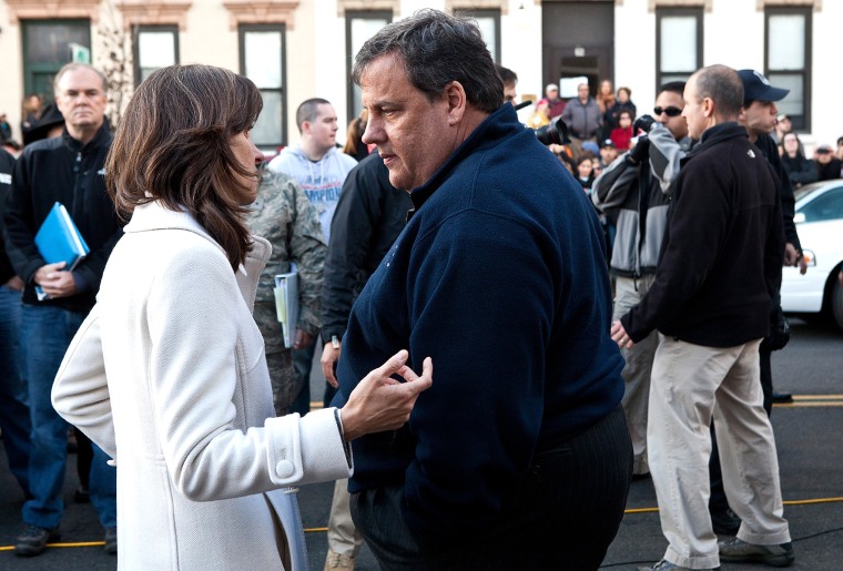 Mayor Dawn Zimmer (L) of Hoboken talks with New Jersey Governor Chris Christie (R) prior to a joint press conference, Nov. 4, 2012 in Hoboken, N.J.