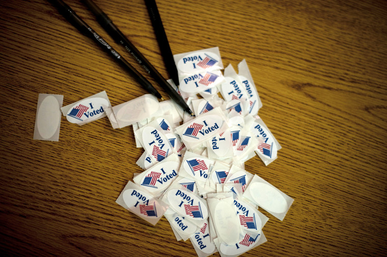 I Voted stickers are shown at a polling station, Nov. 6, 2012 in Youngstown, Ohio.