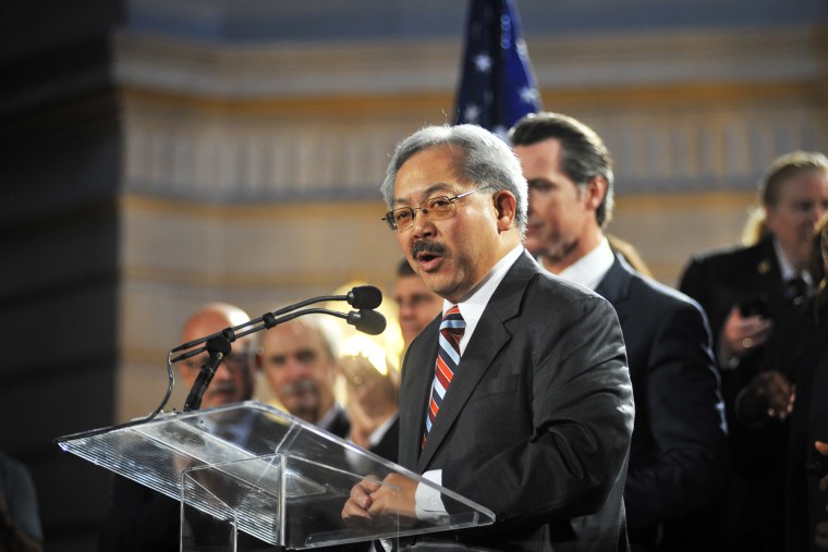 San Francisco Mayor Ed Lee delivers a speech inside City Hall in San Francisco, June 26, 2013.