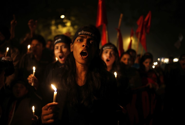 Indians take out a candle light vigil on the first anniversary of the brutal rape and murder of a young student in New Delhi, India, Dec. 16, 2013.