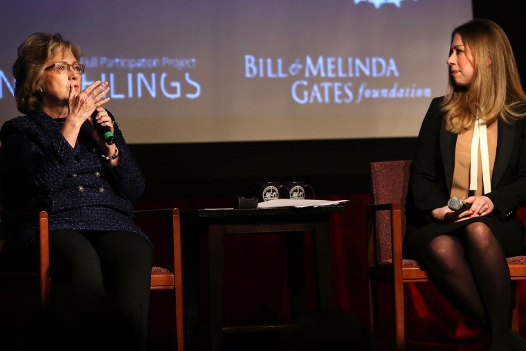Hillary Clinton speaks at New York University with daughter Chelsea Clinton concerning the use of data to advance the global progress for women and girls on Feb. 13, 2014 in New York City.