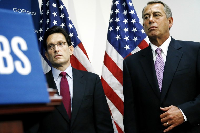 House Majority Leader Eric Cantor (R-VA) (L) stands with House Speaker John Boehner (R-OH) at a news conference, Jan. 14, 2014 in Washington.