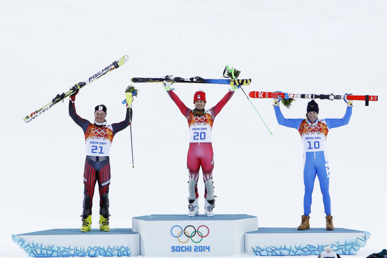 Sandro Viletta of Switzerland wins the gold medal during the Alpine Skiing Men's Super Combined. Feb.14, 2014.