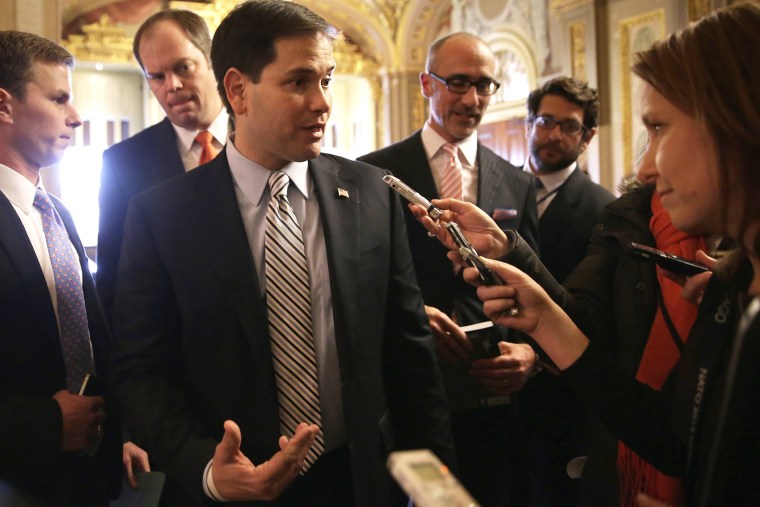 U.S. Sen. Marco Rubio (R-FL) talks to members of the media Jan. 8, 2014 at the U.S. Capitol in Washington.