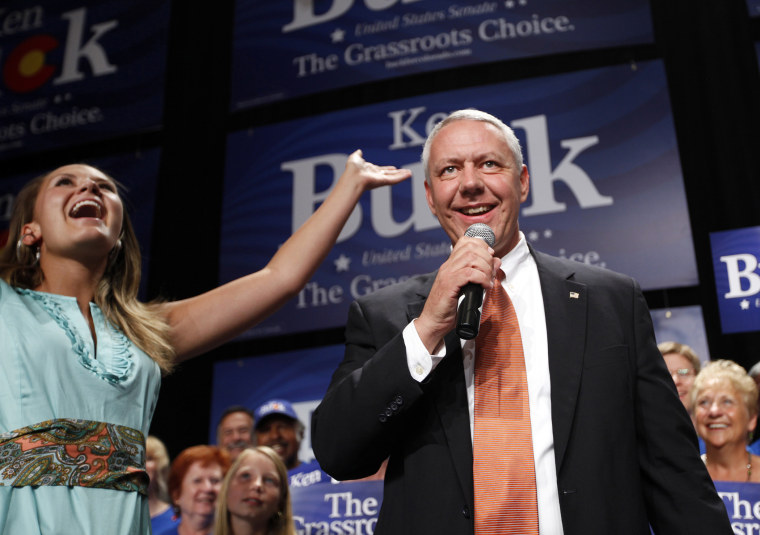 Republican U.S. Senate candidate Ken Buck gives his acceptance speech to supporters as his daughter Kaitlin celebrates in Loveland, Colorado, August 10, 2010.