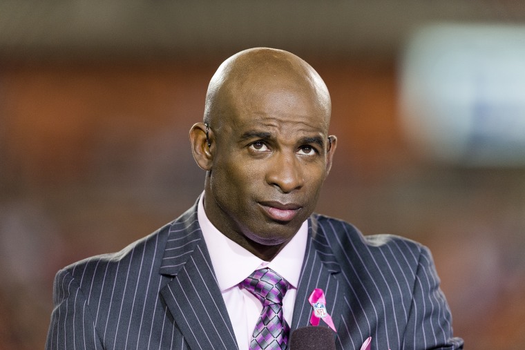Former NFL great Deion Sanders does an interview on the set of NFL Network in Cleveland, October 3, 2013.