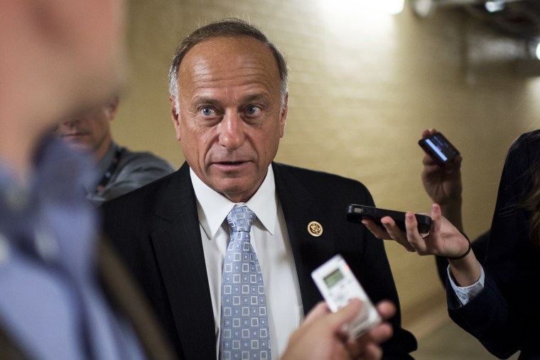Rep. Steve King speaks with reporters as he leaves the House Republican Conference meeting, Oct. 4, 2013.