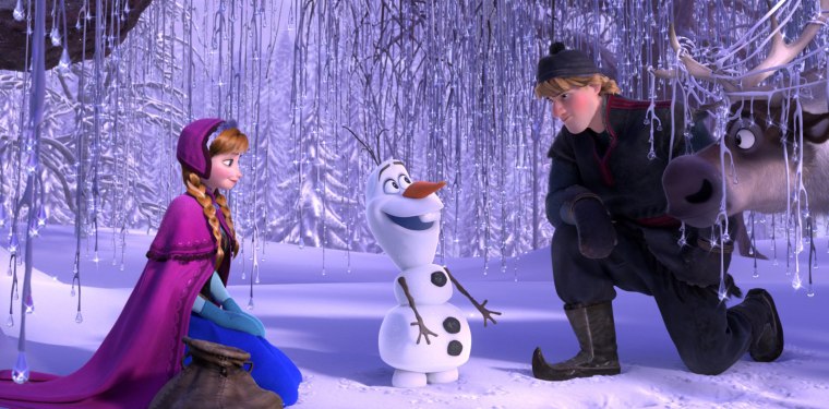 This image released by Disney shows, from left, Anna, voiced by Kristen Bell, Olaf, voiced by Josh Gad, and Kristoff, voiced by Jonathan Groff in a scene from the animated feature \"Frozen.\"