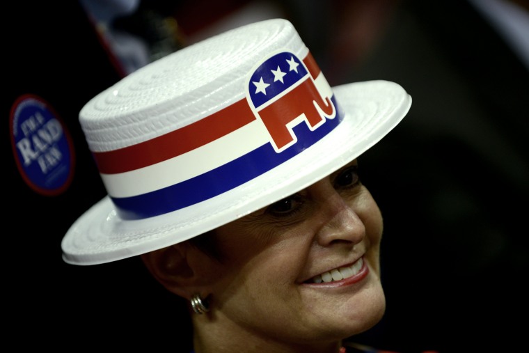 A woman sports a hat with the Republican elephant symbol on Aug. 29, 2012 during the Republican National Convention in Tampa, Fla.
