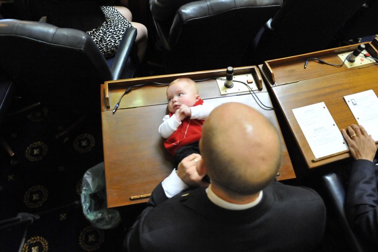 Four month-old Sam Hucker on the desk of his father, Delegate Tom Hucker at the Maryland General Assembly on Jan. 11, 2012 in Annapolis, Md.