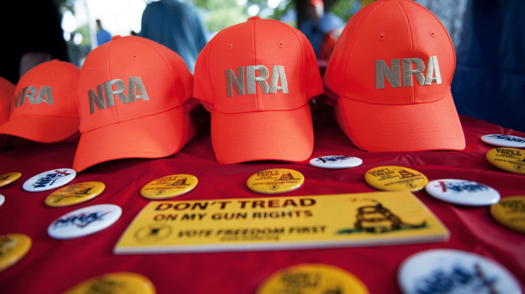 National Rifle Association (NRA) items are displayed at the NRA booth on the grounds of the Iowa straw poll in Ames, Iowa, August 13, 2011.