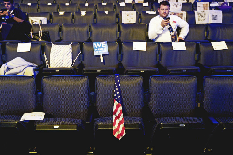 An American flag tie holds the seat for a delegate before the start of the Democratic National Convention in Charlotte, N.C., Sept. 6, 2012.