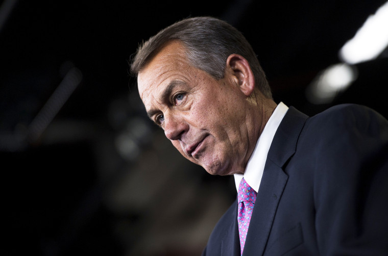 Speaker of the House John Boehner pauses during a press conference on Capitol Hill, Mar. 26, 2014.