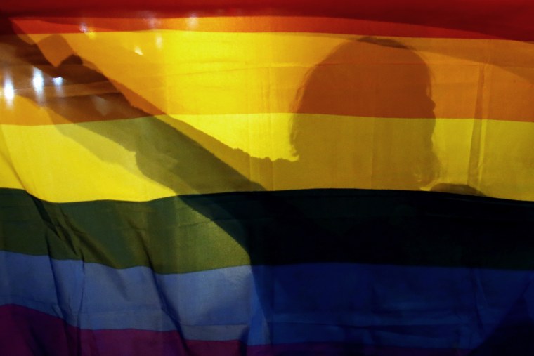 A gay rights activist holds a rainbow flag.