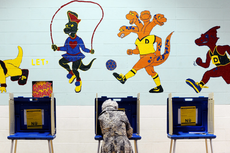 A voter casts her ballot in the gymnasium of Douglas Elementary School on Nov. 6,  2012 in Raleigh, N.C