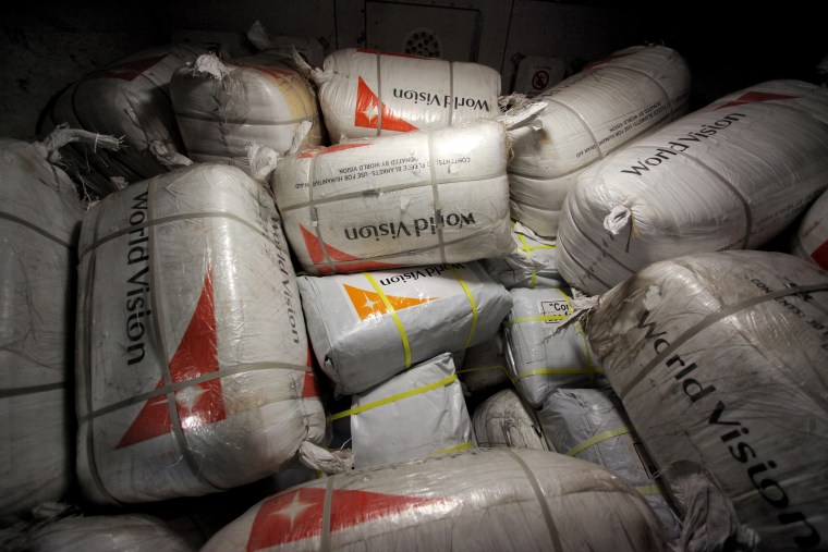 Aid packages labled 'World Vision' for the victims of Typhoon 'Haiyan' in the Philippines at Frankfurt International Airport in Frankfurt am Main, Germany, on Nov. 10, 2013.