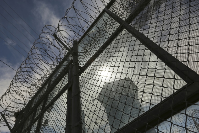 A guard tower is shown at Corcoran State Prison in California