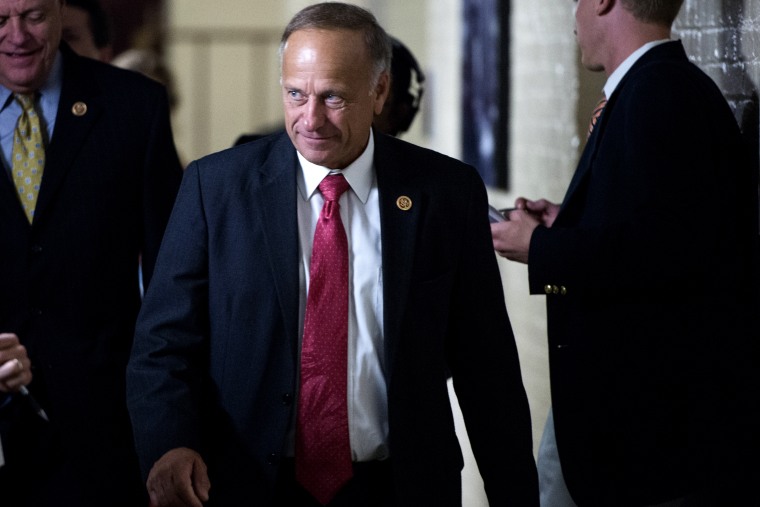 Rep. Steve King (R-IA) speaks with reporters as he leaves the House Republican Conference meeting in the basement of the Capitol on Sept. 26, 2013.