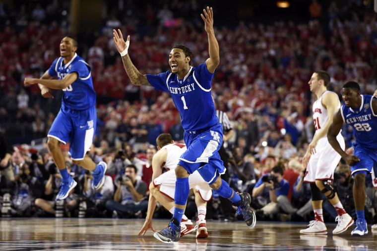 Kentucky Wildcats guard/forward James Young (1) celebrates after defeating the Wisconsin Badgers in the semifinals of the Final Four in the 2014 NCAA Mens Division I Championship tournament, April 5, 2014, in Arlington, Texas.