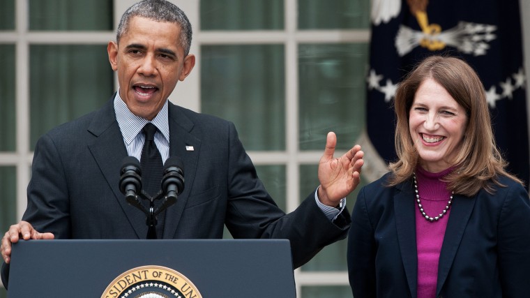 US President Barack Obama names Sylvia Mathews Burwell (R), his current budget director, to replace Heath and Human Services Secretary Kathleen Sebelius (L) in the Rose Garden at the White House in Washington on April 11, 2014.