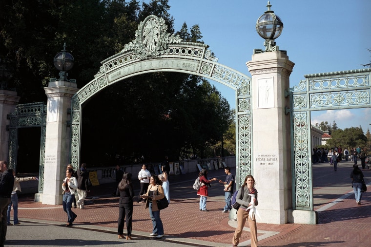Students walk through the Sather Gate on the University of California, Berkeley campus in Berkeley, Calif.