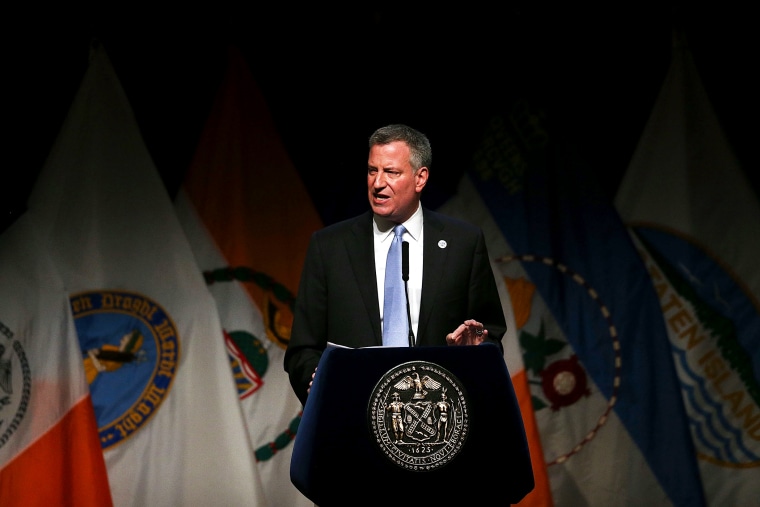 New York Mayor Bill de Blasio delivers a speech to mark his first 100 days in office at Cooper Union on April 10, 2014.