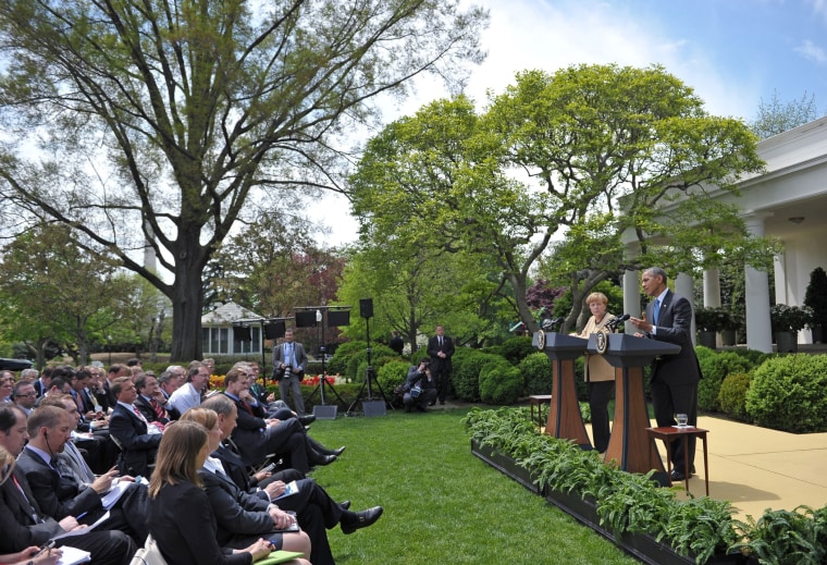 President Barack Obama speaks during a joint press conference with German Chancellor Angela Merkel in the Rose Garden of the White House on May 2, 2014 in Washington, D.C.