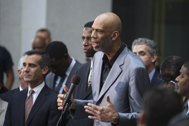 Retired basketball star Kareem Abdul-Jabbar speaks at a news conference after National Basketball Association Commissioner Adam Silver made an announcement regarding Los Angeles Clippers owner Donald Sterling, in Los Angeles, Calif., April 29, 2014.