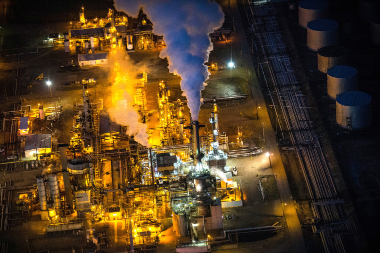 A gas and oil refinery is seen in an aerial view in the early morning hours of July 30, 2013 in Bismarck, North Dakota.