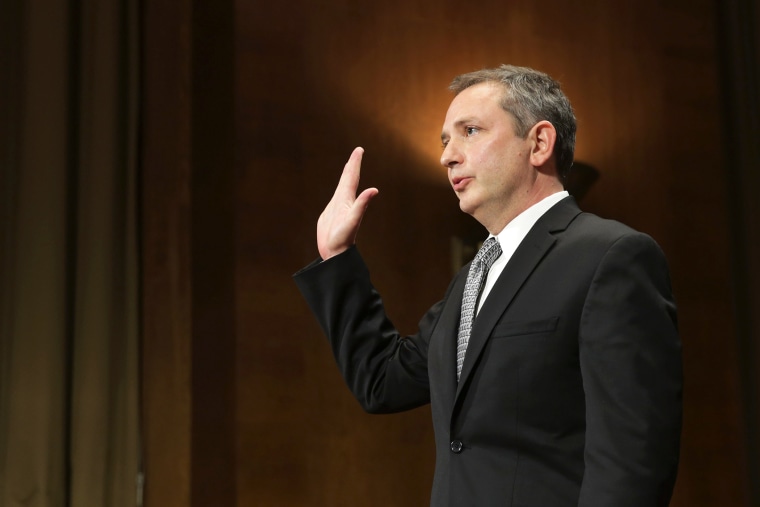 David Barron is sworn in before testifying to the Senate Judicary Committee during his nomination hearing in Washington, DC. Nov. 20, 2013.