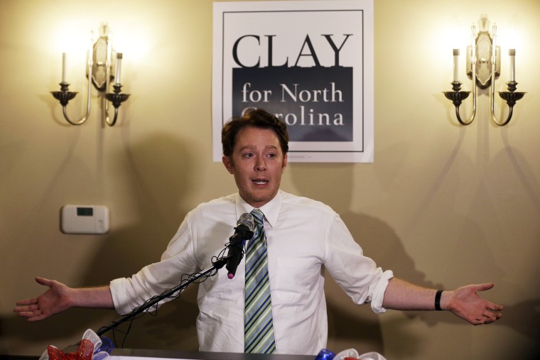 Clay Aiken speaks to supporters during an election night watch party in Holly Springs, N.C., Tuesday, May 6, 2014.