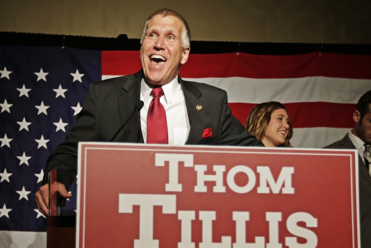Thom Tillis speaks to supporters at a election night rally in Charlotte, N.C., after winning the Republican nomination for the U.S. Senate Tuesday, May 6, 2014.