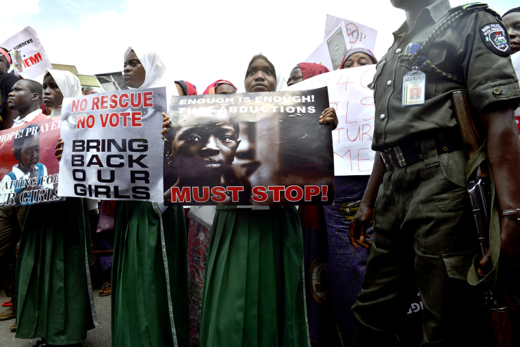 Children take part in a rally calling for the release of the missing Chibok school girls in Lagos, Nigeria, on May 5, 2014.