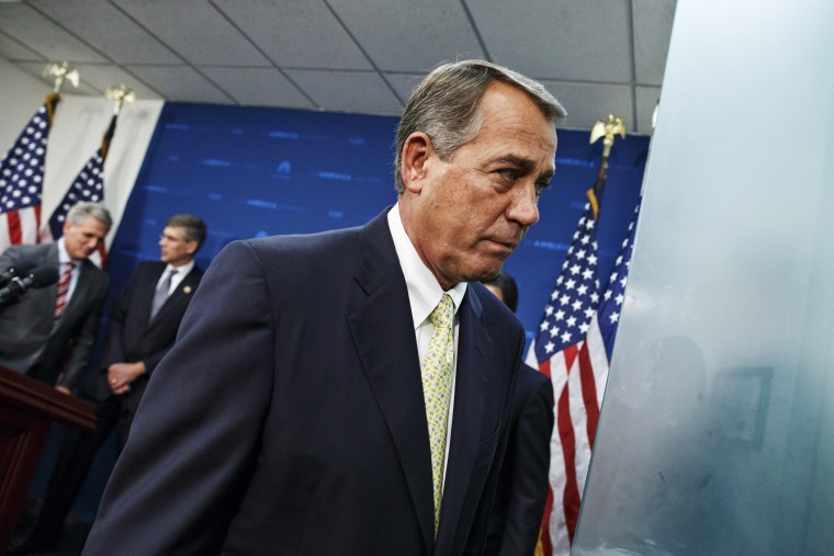 John Boehner and GOP leaders finish a news conference following a Republican strategy meeting at the Capitol in Washington, May 7, 2014.