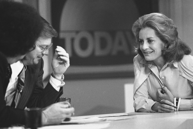 Barbara Walters, right, chats with co-host Jim Hartz  during the \"Today\" broadcast, June 3, 1976, in New York, N.Y.