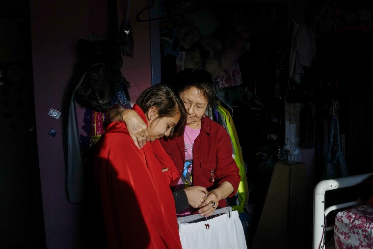 Carleigh Campbell, 12, 6th grader at Wounded Knee school with her grandmother Shirley Campbell outside of Manderson on the Pine Ridge reservation.